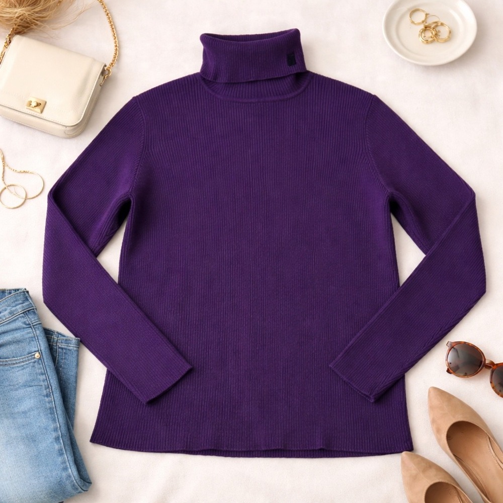 Lauren Ralph Lauren Purple Ribbed Cotton Turtleneck Sweater Womens Large LRL